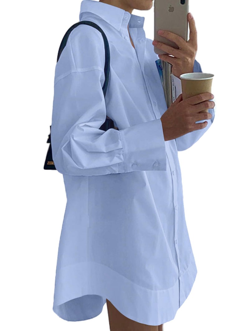 LYANER Women's Casual Shirt Dress Collar V Neck Button Down Loose Long Sleeve Mini Dresses Light Blue X-Large - Image 2