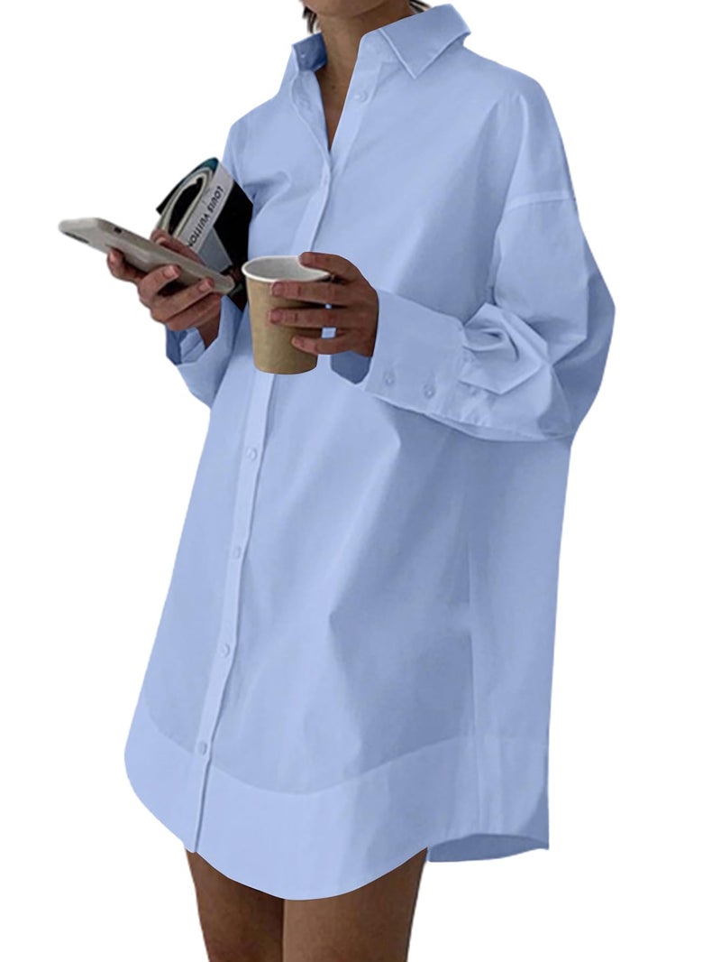 LYANER Women's Casual Shirt Dress Collar V Neck Button Down Loose Long Sleeve Mini Dresses Light Blue X-Large - Image 1