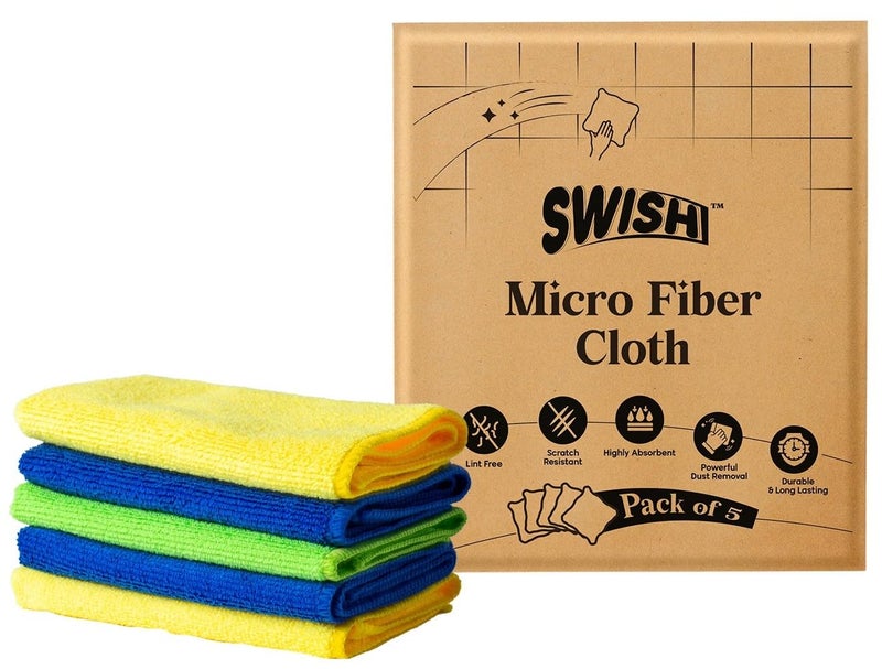 Swish Microfiber Cloth for Cleaning (Pack of 5) - 30 * 30cm Each | Eco-Friendly Reusable Multipurpose Micro Fiber Cloth for Car Cleaning Accessories & Kitchen Cloth for Cleaning, Dusting, Polishing - Image 1