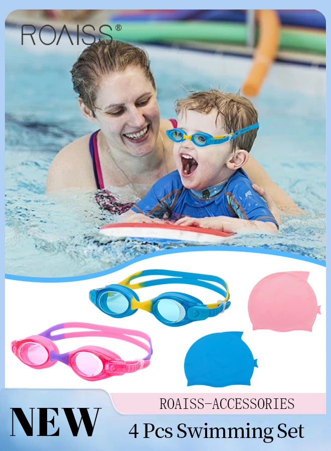 roaiss 4 Pcs Swim Goggles and Caps Set for Kids, 2 Pcs HD Anti-fog Goggles with Silicone Gaskets and 2 Pcs Fish-shape Silicone Swim Caps, Indoor and Outdoor Swimming Surf Gear for Boys and Girls - Image 1