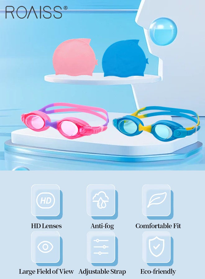 roaiss 4 Pcs Swim Goggles and Caps Set for Kids, 2 Pcs HD Anti-fog Goggles with Silicone Gaskets and 2 Pcs Fish-shape Silicone Swim Caps, Indoor and Outdoor Swimming Surf Gear for Boys and Girls - Image 3