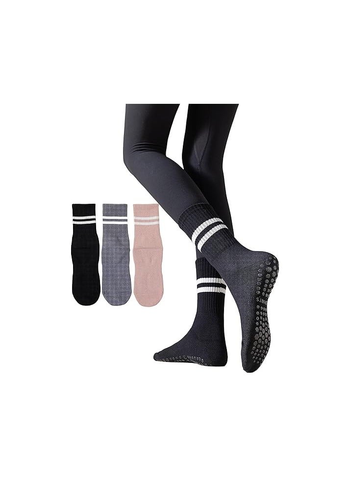 3 Pairs Non Slip Socks, Women Fashion All Season Socks, Sports Casual Simple Striped Colors, for Pilates Yoga, Barre Ballet Dance, Fitness, Football, Mid-Tube Socks Free Size - Image 1
