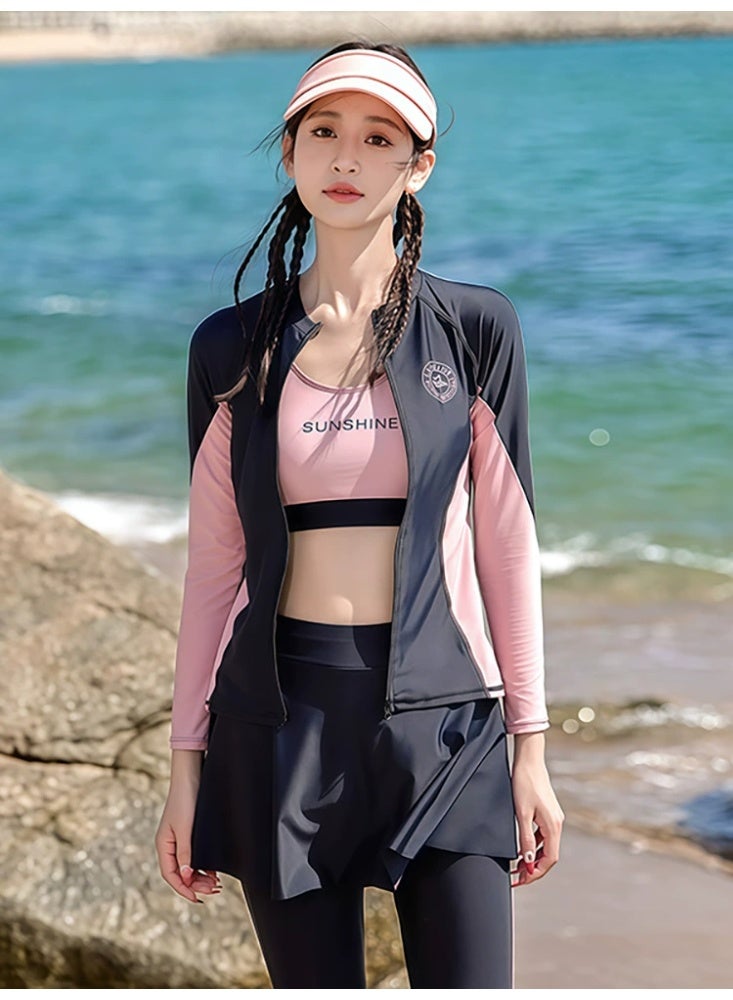 4 Piece Long Sleeve Swimsuits for Women, Swimming Suit with Front Zipper,  Rash Guard UV Protection Swim Shirts - Image 2