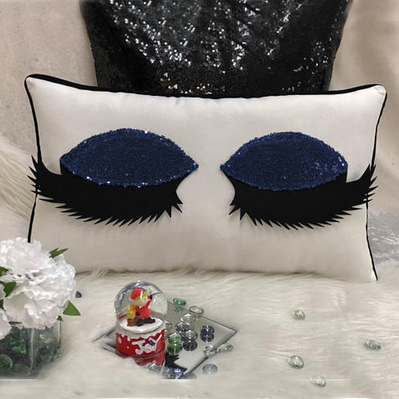 The Purple Tree Cute Sequin Eyelash Polyester and Polyester Blend Pillow Cushion (12X18 Inches, Blue) - Image 3