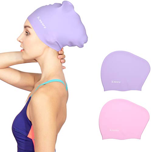 Keary 2 Pack Silicone Swim Cap for Long Hair Women Girls Waterproof Pool Swimming Cap Cover Ears to Keep Your Hair Dry, 3D Ergonomic Stretchable Durable and Anti-Slip, Easy to Put On and Off - Image 3
