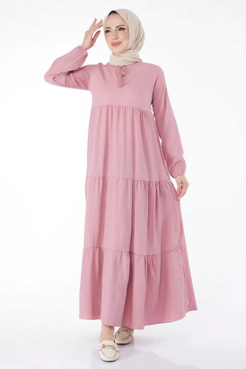 Tofisa Plain Judge Collar Women's Pink Gathered Lace Detail Dress - 13145
