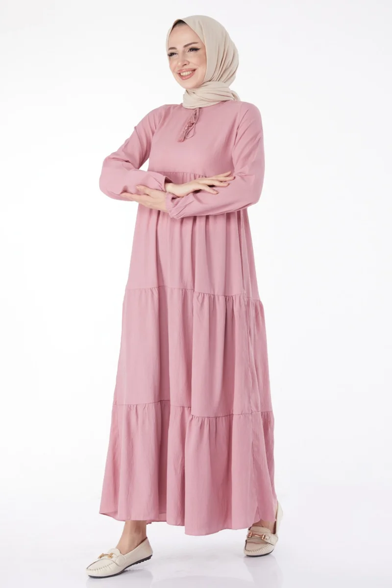 Tofisa Plain Judge Collar Women's Pink Gathered Lace Detail Dress - 13145