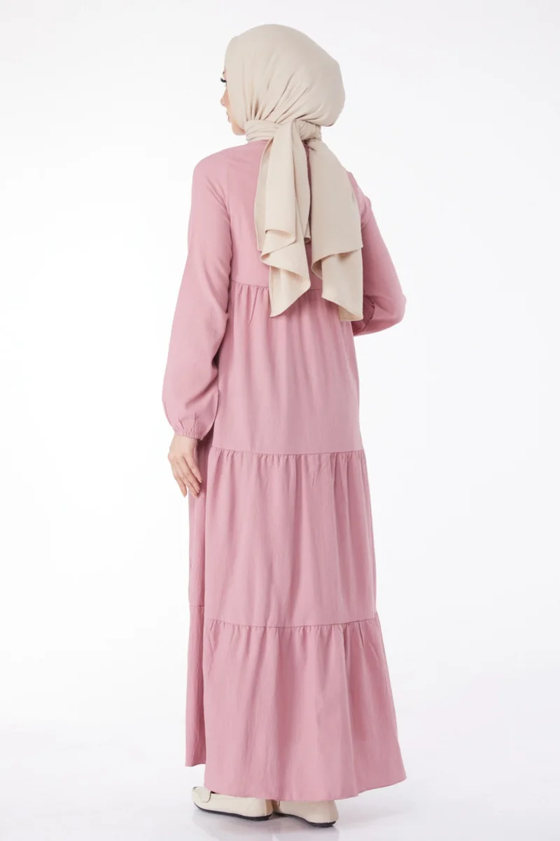 Tofisa Plain Judge Collar Women's Pink Gathered Lace Detail Dress - 13145