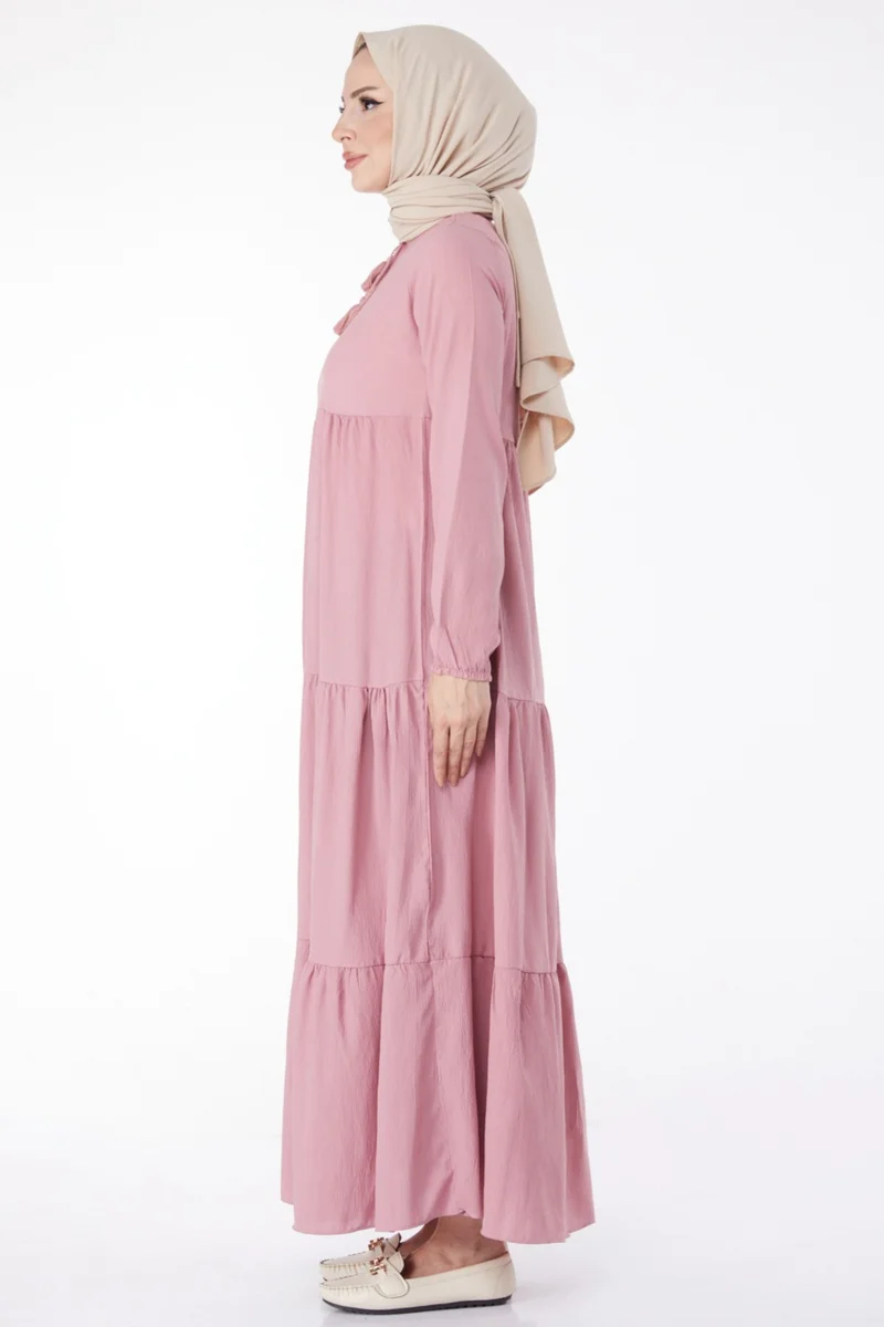 Tofisa Plain Judge Collar Women's Pink Gathered Lace Detail Dress - 13145
