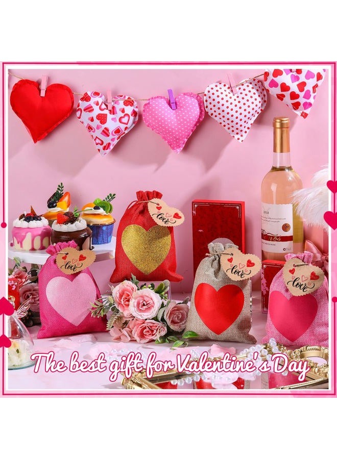 Shappy 24 Pieces Valentine's Day Burlap Gift Bags with Drawstring Heart Bags Party Favor Bag with Heart Mini Wedding Gift Bags Heart Burlap Bags with Tags and Ropes (Love Heart) - Image 2