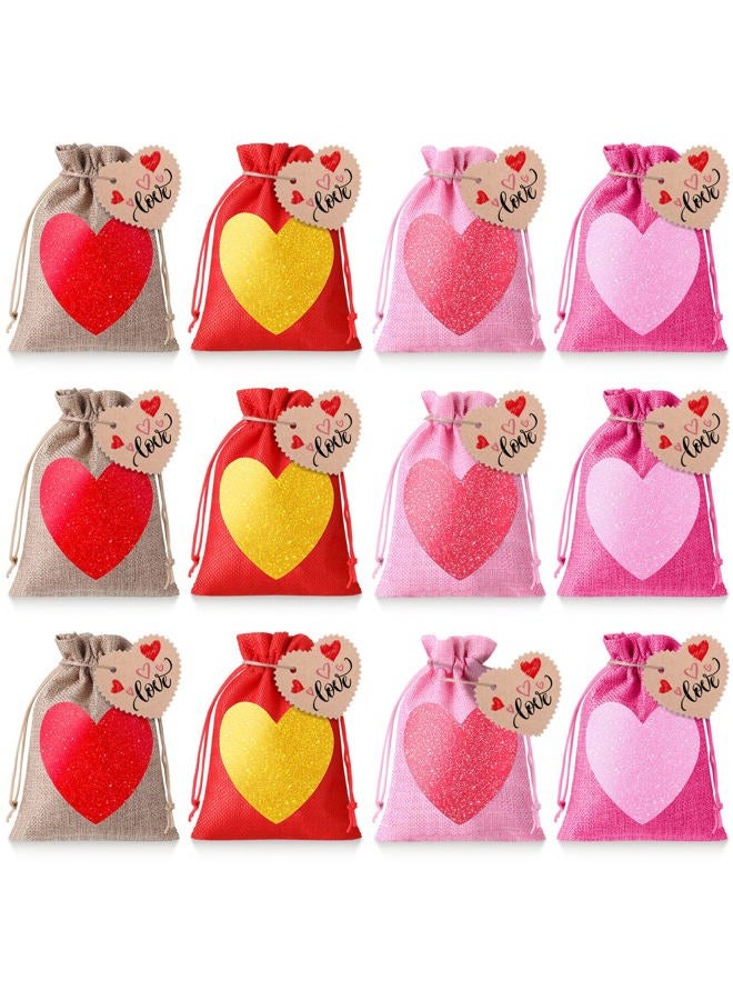 Shappy 24 Pieces Valentine's Day Burlap Gift Bags with Drawstring Heart Bags Party Favor Bag with Heart Mini Wedding Gift Bags Heart Burlap Bags with Tags and Ropes (Love Heart) - Image 1