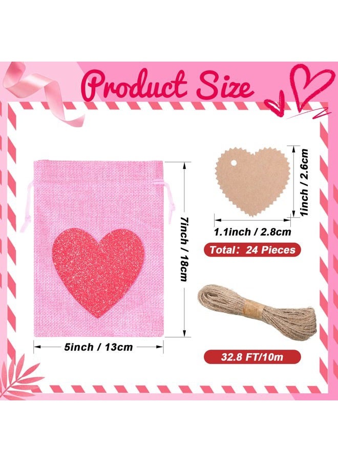 Shappy 24 Pieces Valentine's Day Burlap Gift Bags with Drawstring Heart Bags Party Favor Bag with Heart Mini Wedding Gift Bags Heart Burlap Bags with Tags and Ropes (Love Heart) - Image 3
