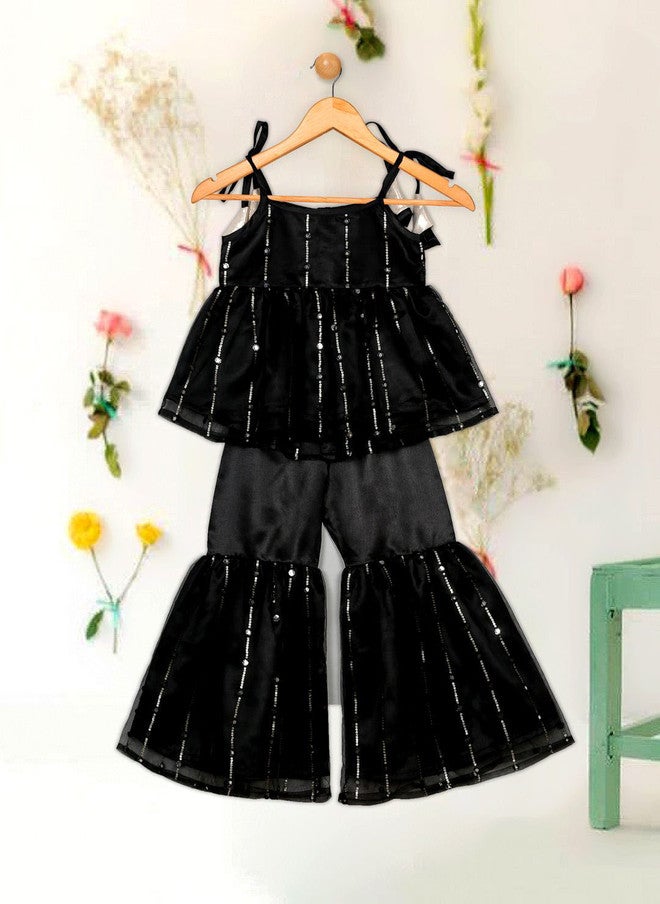 Saka Designs Girls Black Sequinned Kurta With Sharara - Image 1