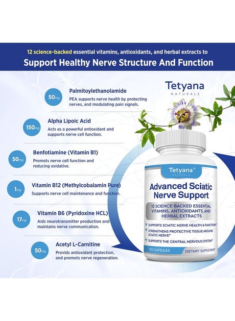 Tetyana naturals Advanced Sciatic Nerve Support Relief: Alpha Lipoic Acid Vitamin, Benfotiamine - 12 in 1 Sciatica Supplements - 120 Capsules- 30-60 Supply- Made in USA | Best Price KSA | Riyadh, Jeddah Tetyana naturals Advanced Sciatic Nerve Support Relief: Alpha Lipoic Acid Vitamin, Benfotiamine - 12 in 1 Sciatica Supplements - 120 Capsules- 30-60 Supply- Made in USA | Best Price KSA | Riyadh, Jeddah