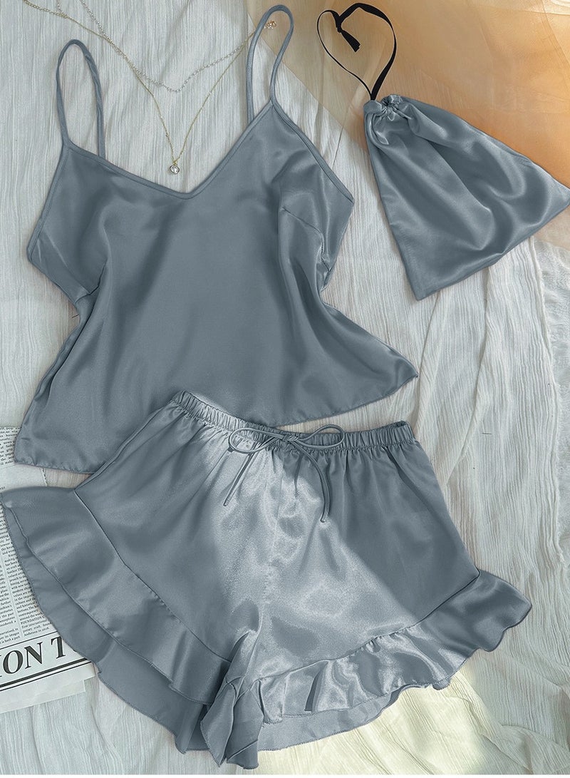 Loquat Women's Imitation Silk 3-Piece Set Nightgown Sleepwear Suspender Top,Shorts And Storage Bag Soft Loungewear Pajamas Suit Smoky Grey