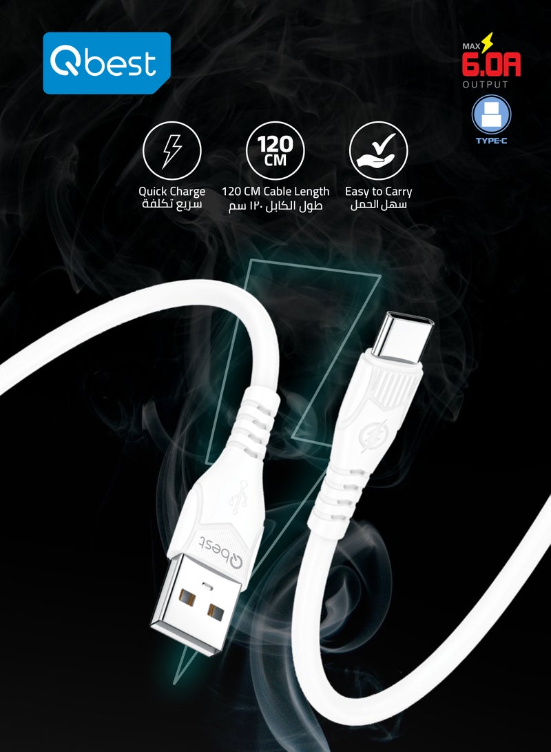 Qbest 6.0A Fast Charging USB to Type C Cable 1.2M – High-Speed Data Transfer, Durable Design for Android, Apple & Compatible Devices, - White - Image 5