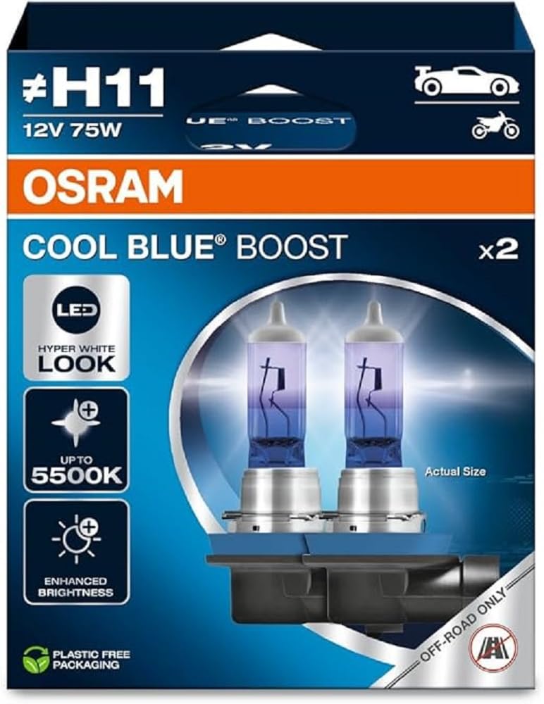 OSRAM COOL BLUE BOOST H11 halogen headlight lamps up to 5500K Hanging folding box 2 lamps offroad use only