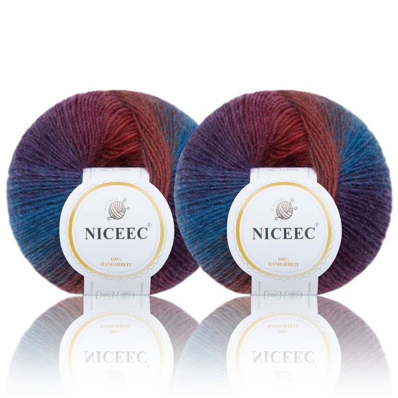 NICEEC 2 Skeins Rainbow Soft Yarn 100% Wool Gradient Multi Color Yarn for Crocheting Knit Total Length 180mÃ—2(196ydsÃ—2,50gÃ—2)-17# - Image 1