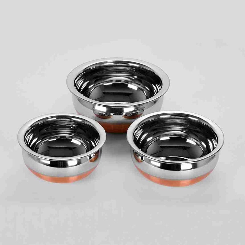 BPE Steel Set of 5 Copper Base Handi with Lid/Urli Set/Steel Cookware Set, Stainless Steel, Pack of 3 (400, 1200, 1600 ML) - Image 3