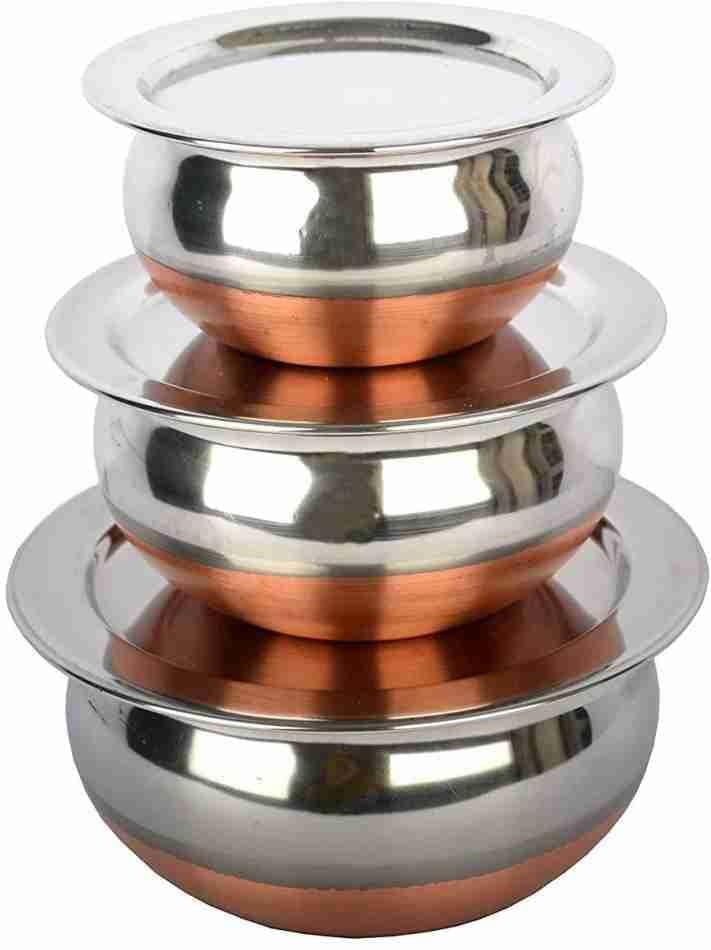 BPE Steel Set of 5 Copper Base Handi with Lid/Urli Set/Steel Cookware Set, Stainless Steel, Pack of 3 (400, 1200, 1600 ML) - Image 1