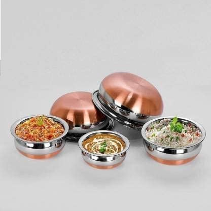 BPE Steel Set of 5 Copper Base Handi with Lid/Urli Set/Steel Cookware Set, Stainless Steel, Pack of 3 (400, 1200, 1600 ML) - Image 5
