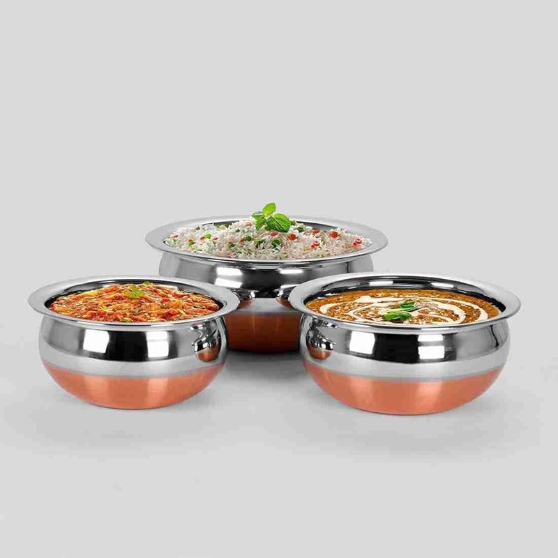BPE Steel Set of 5 Copper Base Handi with Lid/Urli Set/Steel Cookware Set, Stainless Steel, Pack of 3 (400, 1200, 1600 ML) - Image 2