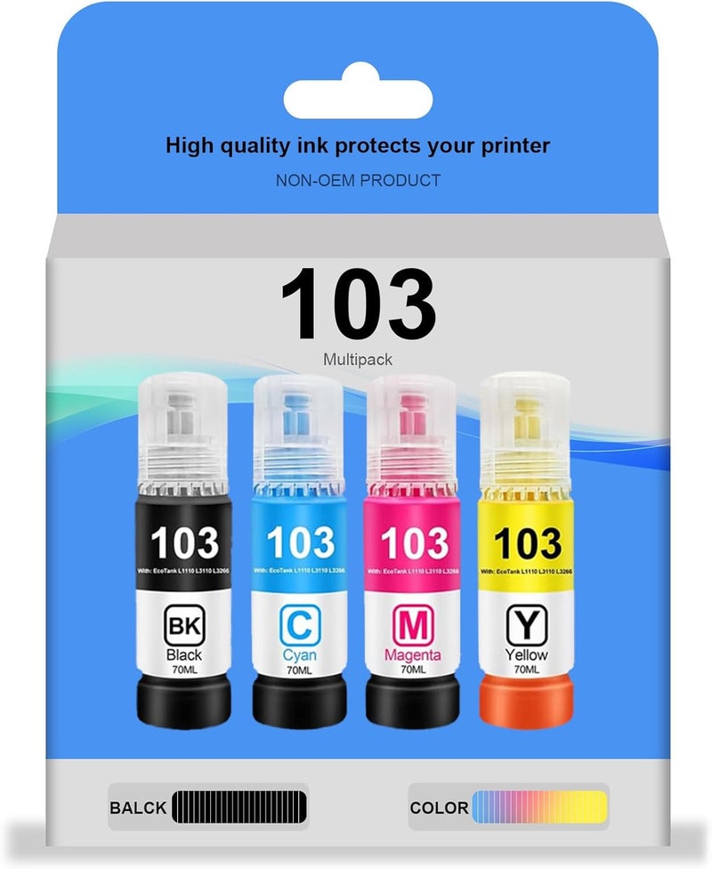 بريتمور 103 حبر EcoTank متعدد الألوان 4 ألوان لـ EPSON 103 مجموعة حبر كومبو أسود سماوي أرجواني أصفر لطابعات EcoTank L1110 L3110 L3111 L3150 L3151 L3156 L3160، يطبع حتى 8000 صفحة (عبوة من 4) - Image 1