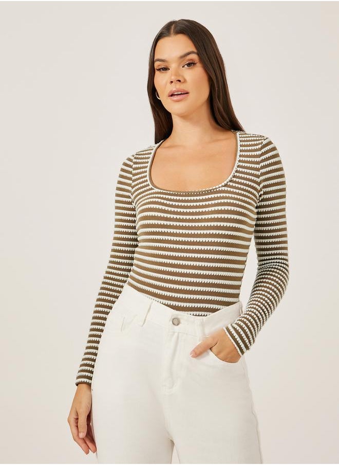 Styli Textured Square Neck Fitted Long Sleeve T-Shirt  - Image 1