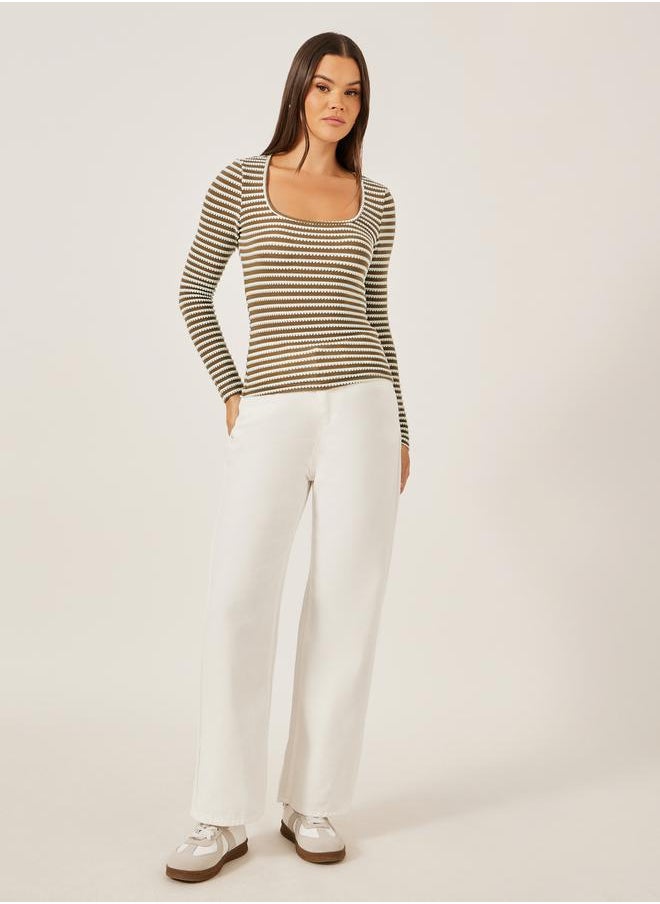 Styli Textured Square Neck Fitted Long Sleeve T-Shirt  - Image 3