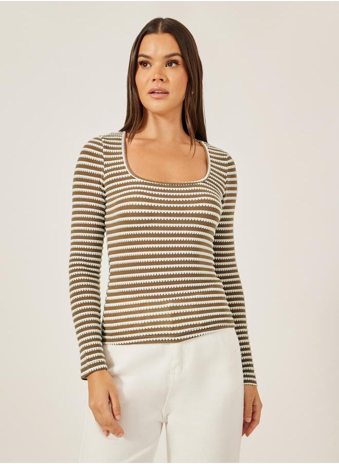 Styli Textured Square Neck Fitted Long Sleeve T-Shirt  - Image 2