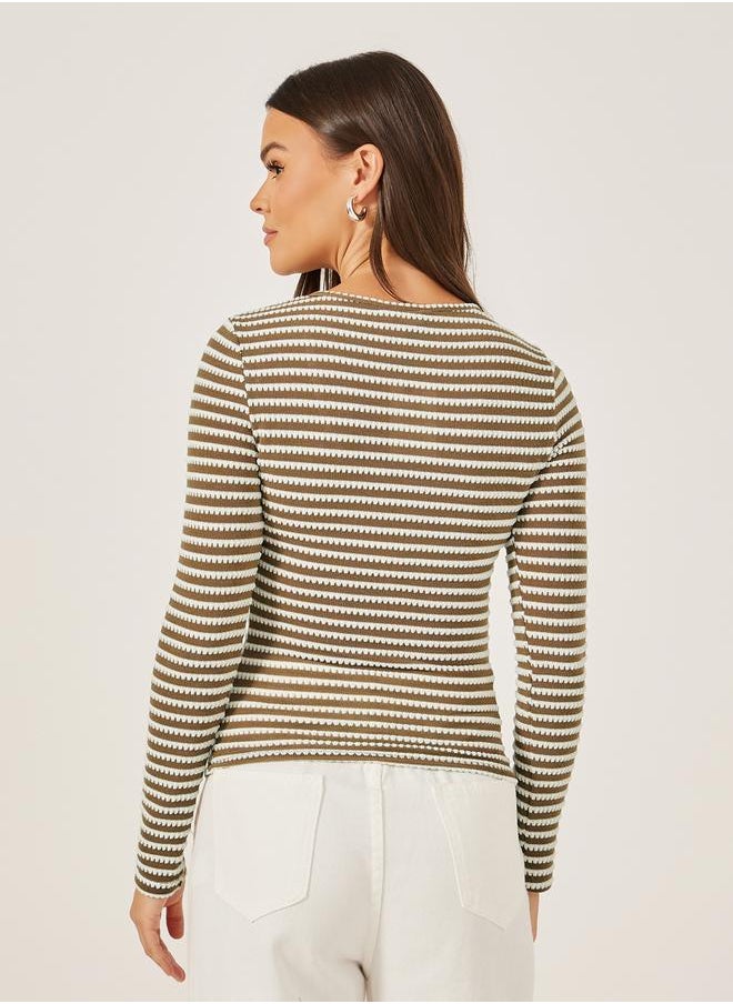 Styli Textured Square Neck Fitted Long Sleeve T-Shirt  - Image 5