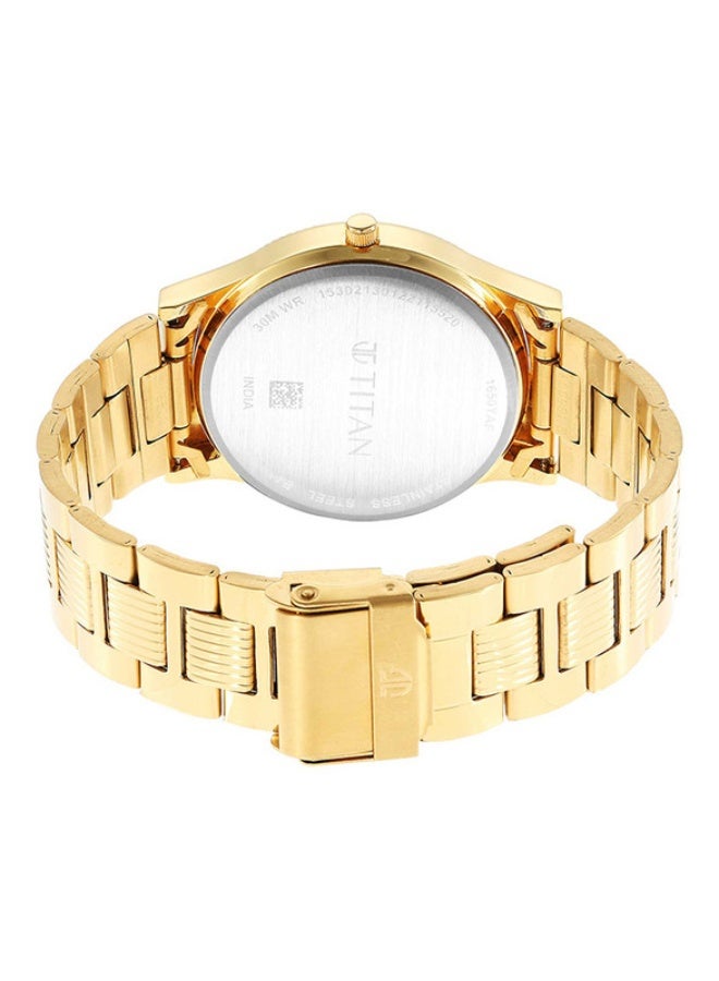 TITAN ساعة تيتان كاريشما التناظرية بقرص دائري بلون الشمبانيا وحزام من الفولاذ المقاوم للصدأ الذهبي للرجال-1650YM09 - Image 5