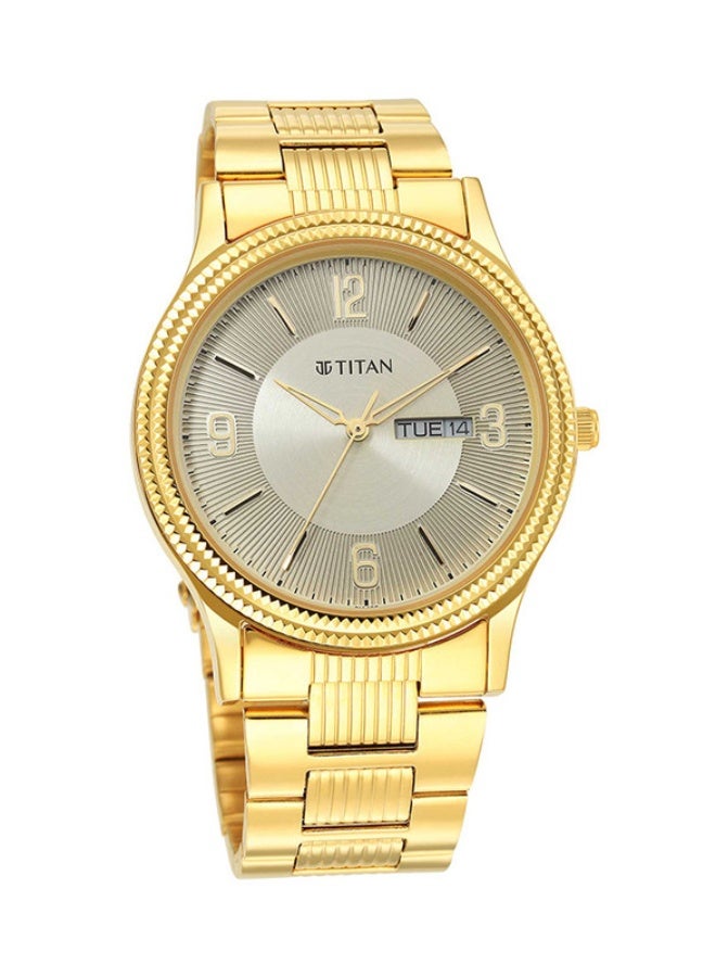 TITAN ساعة تيتان كاريشما التناظرية بقرص دائري بلون الشمبانيا وحزام من الفولاذ المقاوم للصدأ الذهبي للرجال-1650YM09 - Image 2