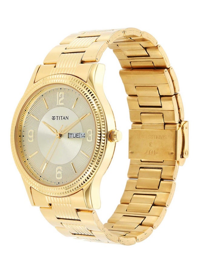 TITAN ساعة تيتان كاريشما التناظرية بقرص دائري بلون الشمبانيا وحزام من الفولاذ المقاوم للصدأ الذهبي للرجال-1650YM09 - Image 3