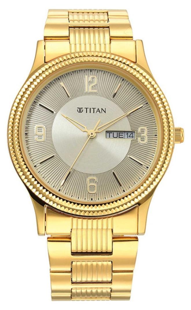 TITAN ساعة تيتان كاريشما التناظرية بقرص دائري بلون الشمبانيا وحزام من الفولاذ المقاوم للصدأ الذهبي للرجال-1650YM09 - Image 1