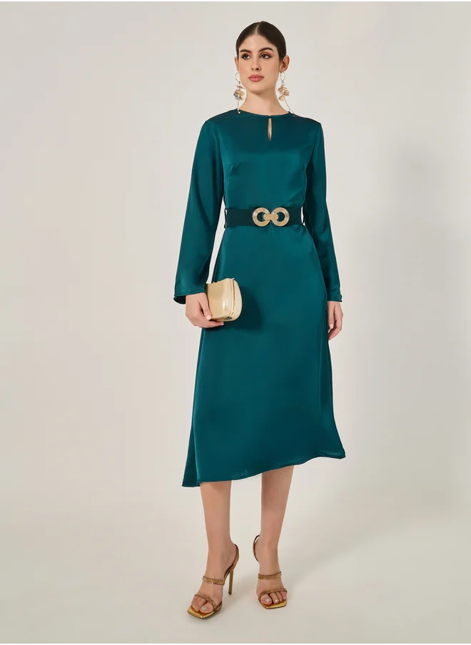 Styli Belted Keyhole Neck A-Line Midi Dress