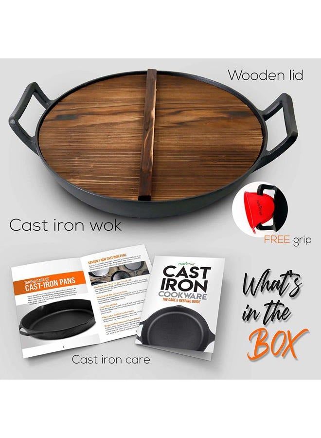 NutriChef Pre-Seasoned Cast Pan-5.8 Qt Heavy Duty Non-Stick Iron Chinese Wok Or Stir Fry Skillet W/Wooden Lid, For Electric Stove Top, Induction, Large, Black - Image 4