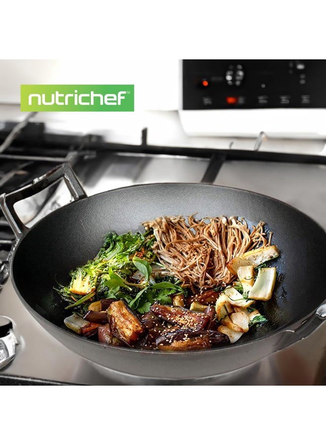 NutriChef Pre-Seasoned Cast Pan-5.8 Qt Heavy Duty Non-Stick Iron Chinese Wok Or Stir Fry Skillet W/Wooden Lid, For Electric Stove Top, Induction, Large, Black - Image 3