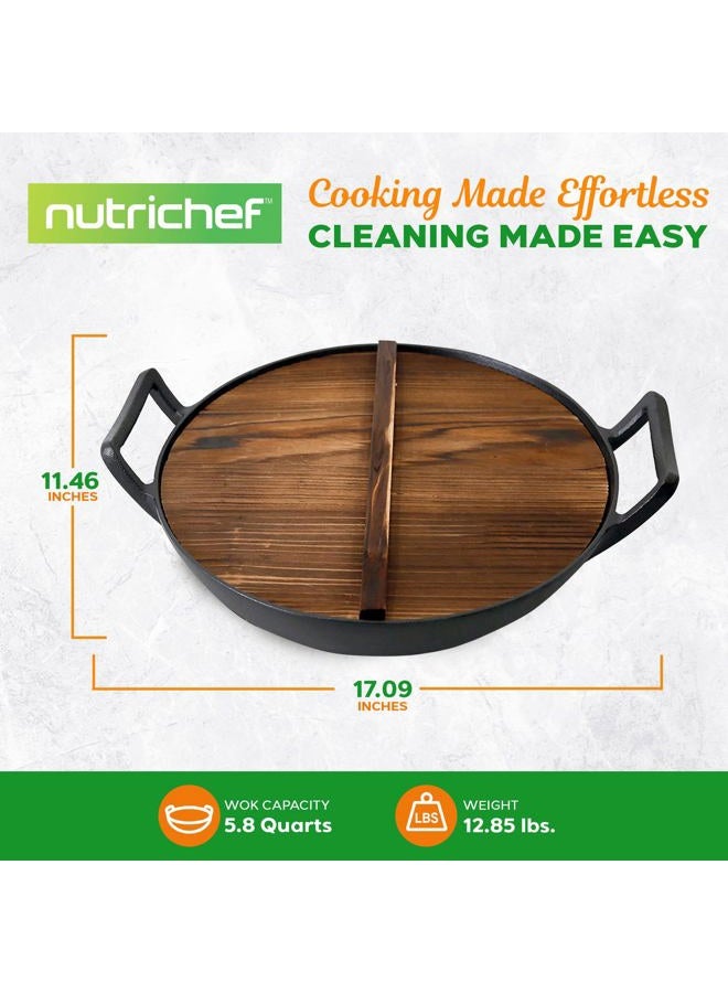 NutriChef Pre-Seasoned Cast Pan-5.8 Qt Heavy Duty Non-Stick Iron Chinese Wok Or Stir Fry Skillet W/Wooden Lid, For Electric Stove Top, Induction, Large, Black - Image 1