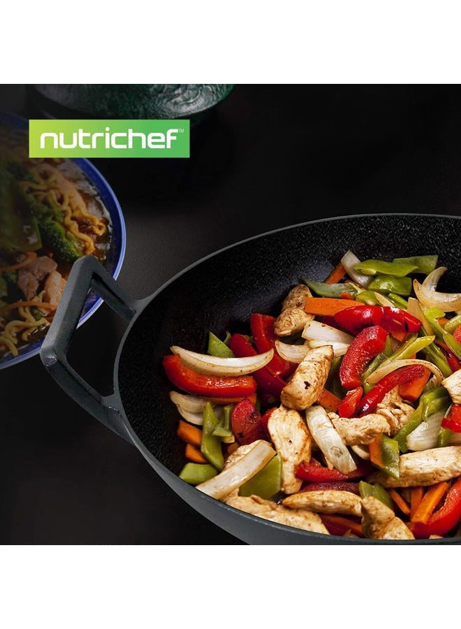 NutriChef Pre-Seasoned Cast Pan-5.8 Qt Heavy Duty Non-Stick Iron Chinese Wok Or Stir Fry Skillet W/Wooden Lid, For Electric Stove Top, Induction, Large, Black - Image 2