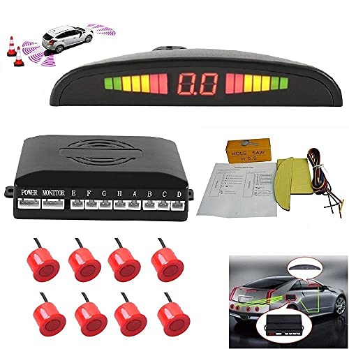 TOTMOX Car Reverse Parking Radar System 8 Reversing Sensors Kit with Front and Rear Alarm Buzzer Reminder LED Display Safe Driving, Car Parking Sensor, Red - Image 1