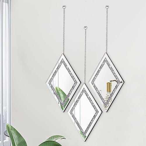 Pibeyer Silver Diamond Shaped Wall Mirror Set of 3, Decorative Crystal Crush Diamond Mirrors for Bedroom, Living Room & Hallway, Home Decor - Image 2