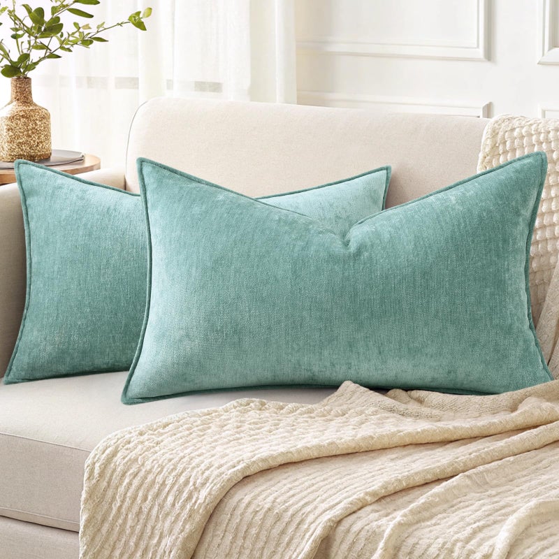 decorUhome Summer Couch Throw Pillow Covers 12x20 Set of 2, Decorative Soft Velvet Modern Cozy Chenille Lumbar Pillow Cases with Elegant Design for Sofa Bed Living Room Home Decor, Aqua Haze - Image 1