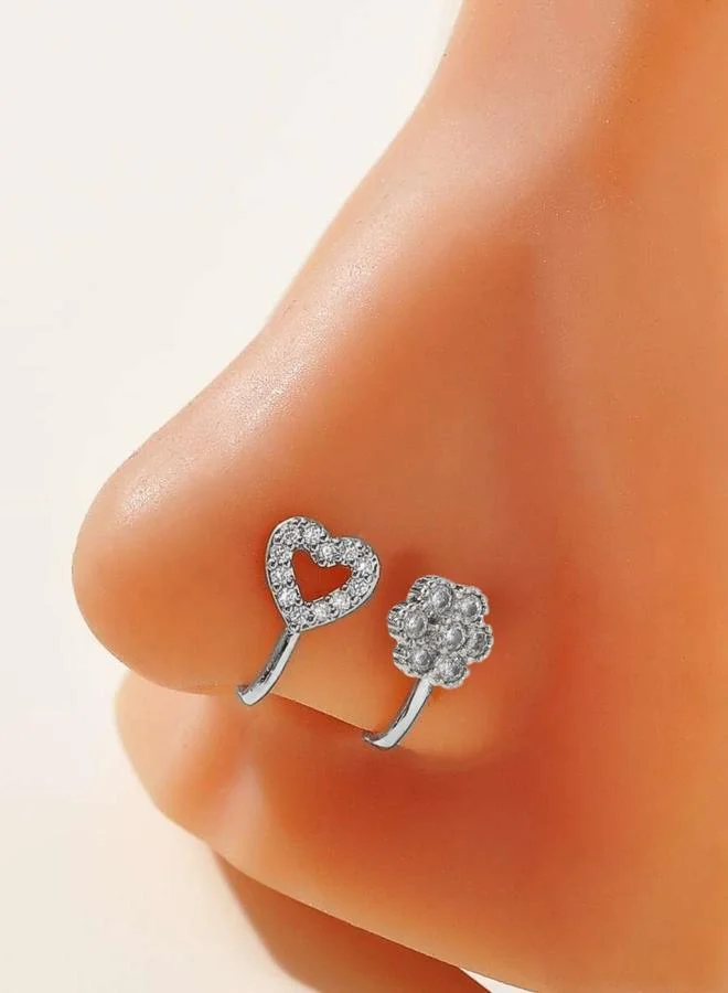 تايك تو Pack of 2 - Silver Heart and Flower Nose Cuff