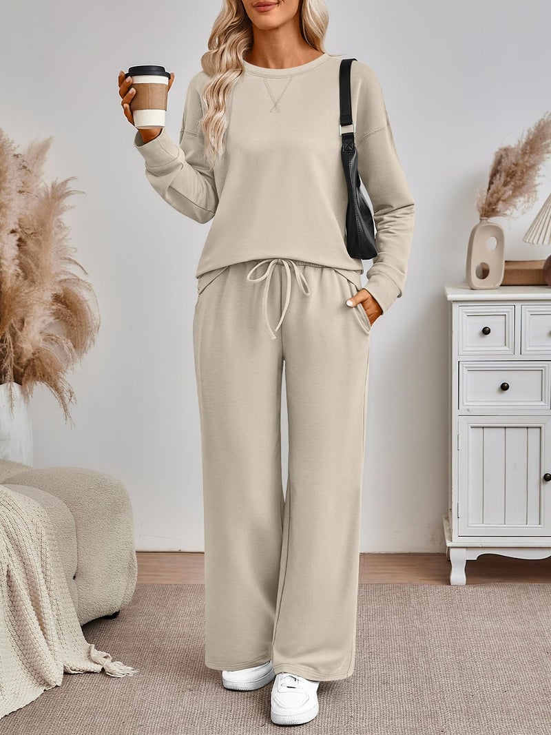 AUTOMET Airport Travel Outfits 2 Piece Lounge Sets for Women Sweat Sweatsuits 2026 Fall Matching Oversized Sweatshirt Wide Leg Pants Fashion Clothes Khaki XL - Image 5