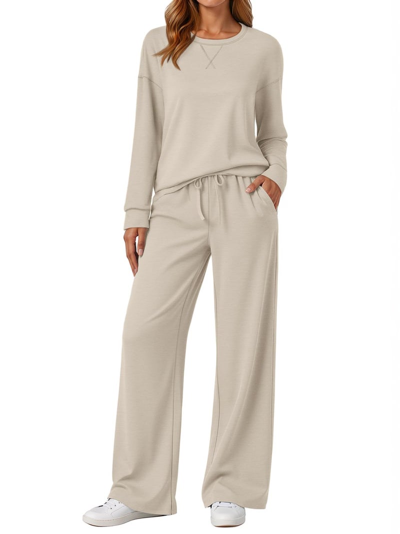 AUTOMET Airport Travel Outfits 2 Piece Lounge Sets for Women Sweat Sweatsuits 2026 Fall Matching Oversized Sweatshirt Wide Leg Pants Fashion Clothes Khaki XL - Image 1