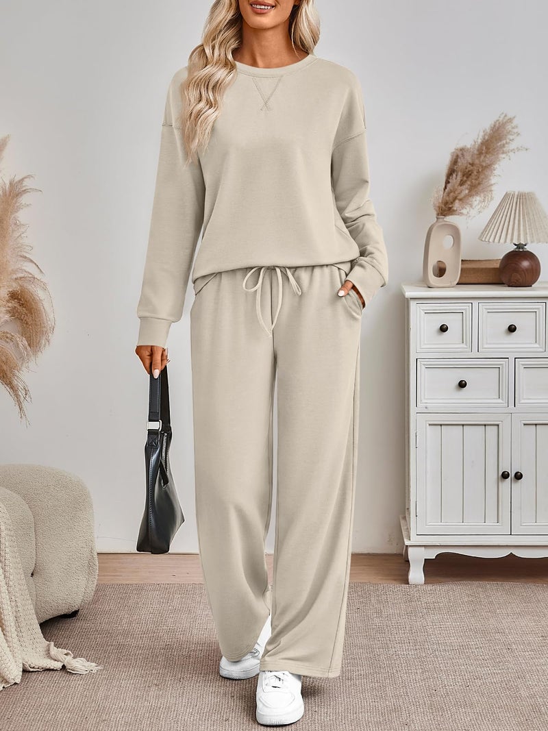 AUTOMET Airport Travel Outfits 2 Piece Lounge Sets for Women Sweat Sweatsuits 2026 Fall Matching Oversized Sweatshirt Wide Leg Pants Fashion Clothes Khaki XL - Image 2