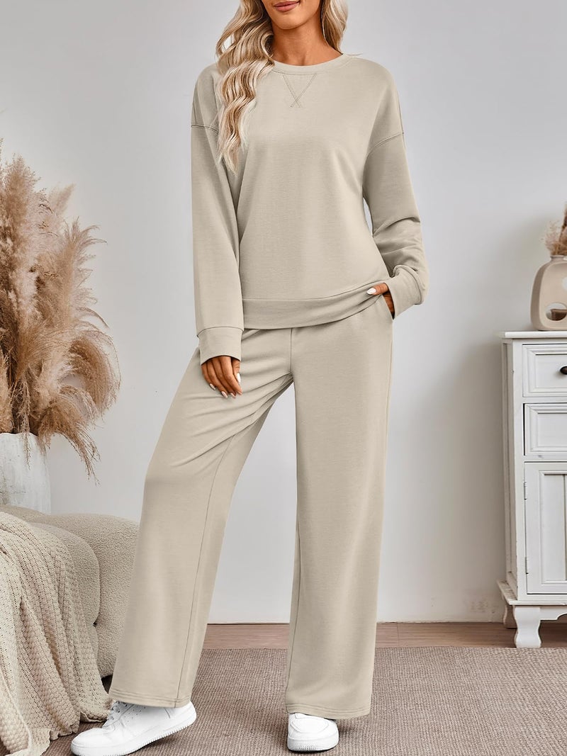 AUTOMET Airport Travel Outfits 2 Piece Lounge Sets for Women Sweat Sweatsuits 2026 Fall Matching Oversized Sweatshirt Wide Leg Pants Fashion Clothes Khaki XL - Image 3