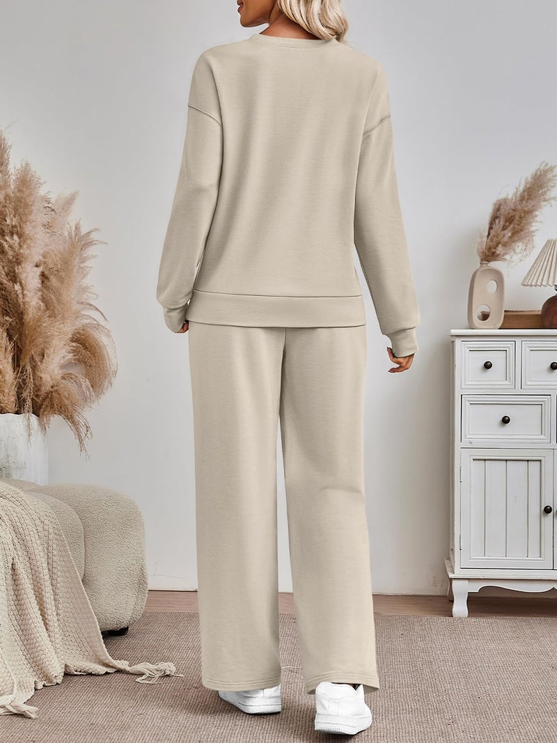 AUTOMET Airport Travel Outfits 2 Piece Lounge Sets for Women Sweat Sweatsuits 2026 Fall Matching Oversized Sweatshirt Wide Leg Pants Fashion Clothes Khaki XL - Image 4
