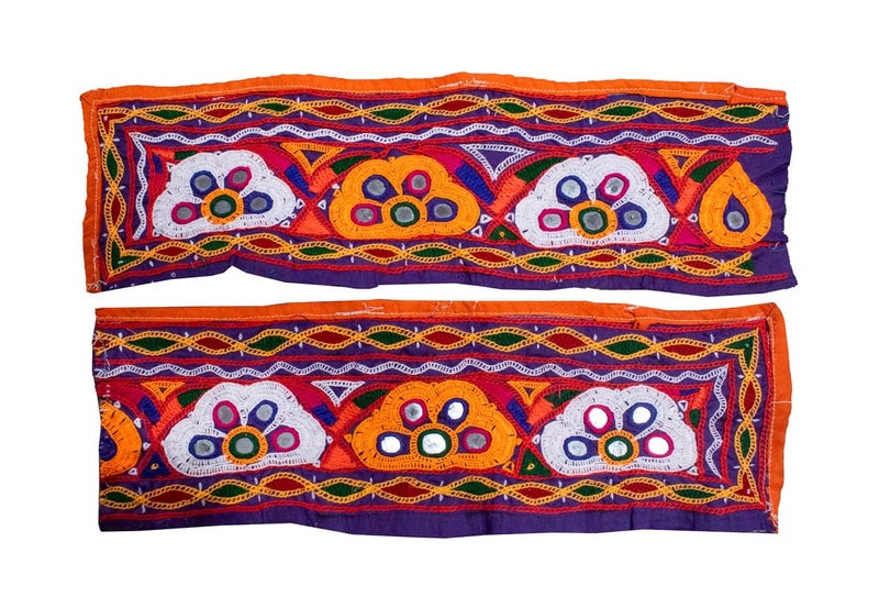 Ethnics of Kutch Ahir Work Cotton Hand Embroidered Mirror Work Handwork Patch 31 cms Length Purple 20401E - Image 1